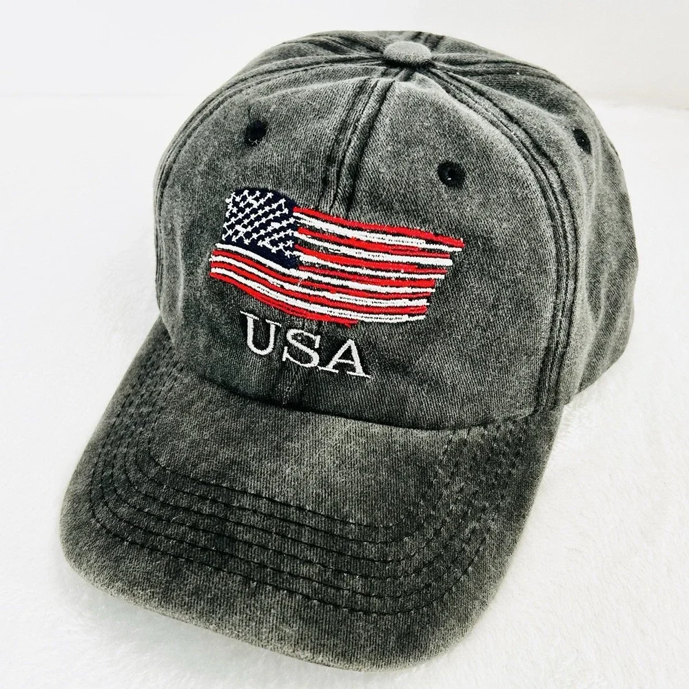 USA Stars and Stripes Flag Patch Distressed Hat Cap Adjustable Gray Outdoors